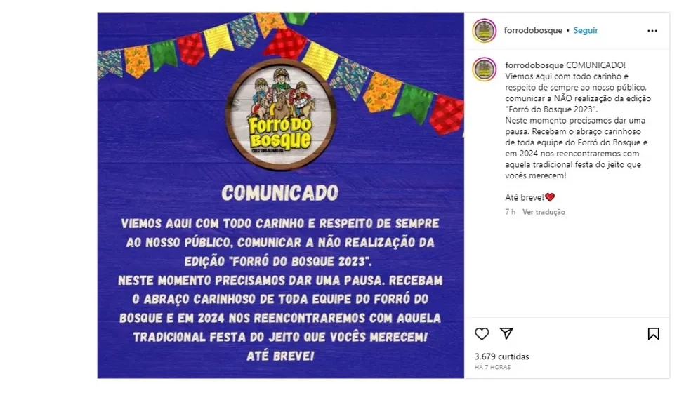 Forró do Bosque anuncia cancelamento da edição 2023
